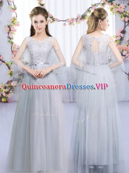 Ideal Lace and Belt Court Dresses for Sweet 16 Grey Lace Up Sleeveless Floor Length - Click Image to Close