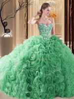 Turquoise Vestidos de Quinceanera Fabric With Rolling Flowers Court Train Sleeveless Embroidery and Ruffles