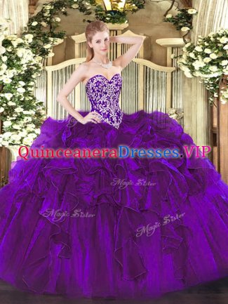 Beading and Ruffles 15 Quinceanera Dress Purple Lace Up Sleeveless Floor Length