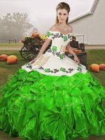 Elegant Sleeveless Floor Length Embroidery and Ruffles Lace Up Quinceanera Gowns with Green