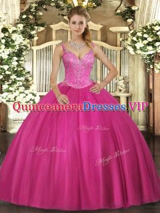 Customized Fuchsia Sleeveless Tulle Lace Up 15 Quinceanera Dress for Military Ball and Sweet 16 and Quinceanera