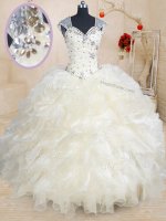 Amazing Straps Cap Sleeves Quince Ball Gowns Floor Length Beading and Ruffles Champagne Organza