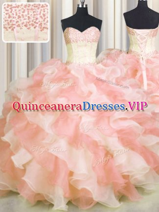 Visible Boning Two Tone Multi-color Sweetheart Neckline Beading and Ruffles Quinceanera Gowns Sleeveless Lace Up