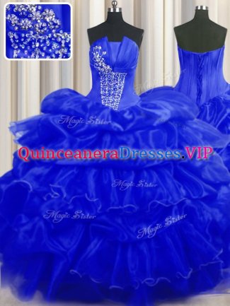 Dazzling Royal Blue Ball Gowns Organza Strapless Sleeveless Beading and Ruffles and Pick Ups Floor Length Lace Up Quinceanera Dress