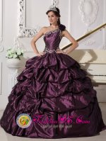 Asymmetrical One Shoulder Neckline Fashionable Dark Purple Quinceanera Dress With Appliques and Pick-ups Decorate In Bendigo VIC