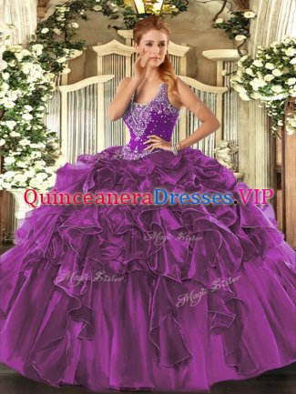 Eggplant Purple Sleeveless Beading and Ruffles Floor Length Sweet 16 Quinceanera Dress