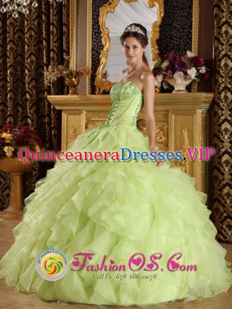 San Cristobal Dominican Republic Yellow Green Organza Ruffle Layers Quinceanera Dress With Applique decorate Strapless Bodice