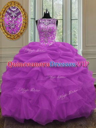 Scoop Sleeveless Organza Floor Length Lace Up Quinceanera Gowns in Lilac with Beading and Pick Ups