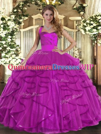 Noble Fuchsia Tulle Lace Up Halter Top Sleeveless Floor Length Ball Gown Prom Dress Ruffles