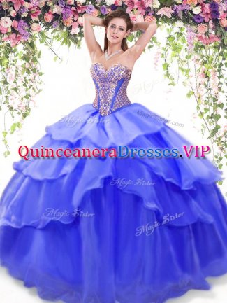 Ruffled Sweetheart Sleeveless Lace Up Quinceanera Gown Blue Organza