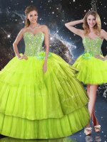 Sleeveless Organza Floor Length Lace Up Ball Gown Prom Dress in Yellow Green with Ruffled Layers