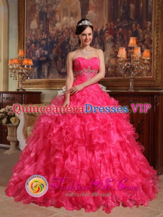 Albert Lea Minnesota/MN Stylish Hot Pink Ruffles Beading and Ruch Sweetheart Strapless Floor-length Quinceanera Dress With Organza Ball Gown