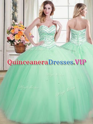 Stylish Apple Green Sleeveless Beading Floor Length Quince Ball Gowns