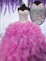 Rose Pink Sleeveless Floor Length Sequins Lace Up Quinceanera Dress