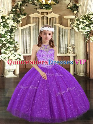 Pretty Ball Gowns Child Pageant Dress Purple Halter Top Tulle Sleeveless Floor Length Lace Up