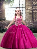 Fuchsia Ball Gowns Tulle Straps Sleeveless Beading Floor Length Lace Up Pageant Gowns For Girls(SKU PAG1243-3BIZ)