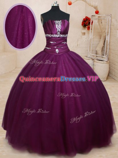 Graceful Dark Purple Quince Ball Gowns Military Ball and Sweet 16 and Quinceanera with Beading Strapless Sleeveless Lace Up - Click Image to Close