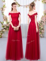 Wine Red Tulle Lace Up Off The Shoulder Sleeveless Floor Length Vestidos de Damas Lace