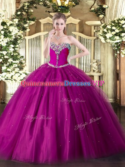 Edgy Sleeveless Floor Length Beading Lace Up Sweet 16 Dress with Fuchsia - Click Image to Close