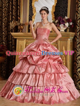 Watermelon Red For Discount Floor-length Quinceanera Dress With Strapless Pick-ups and Beading in Spartanburg South Carolina S/C