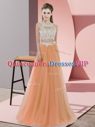 Cheap Two Pieces Court Dresses for Sweet 16 Orange Halter Top Tulle Sleeveless Floor Length Zipper