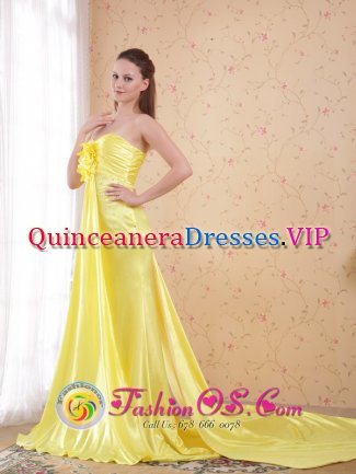 Koloa Hawaii/HILight Hand Flower Decorate Yellow Column/Sheath Sweetheart Watteau Train Elastic Woven Satin Beading Quinceanera Dama Dress