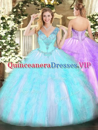 Smart Ball Gowns Ball Gown Prom Dress Aqua Blue V-neck Organza Sleeveless Floor Length Lace Up