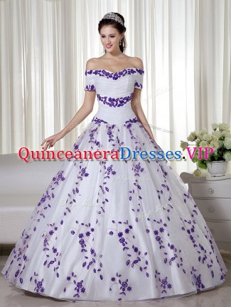 Smart Floor Length Lace Up Quince Ball Gowns White for Military Ball and Sweet 16 and Quinceanera with Embroidery