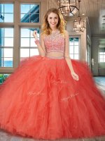 Scoop Orange Red Tulle Backless Quince Ball Gowns Sleeveless Floor Length Beading and Ruffles