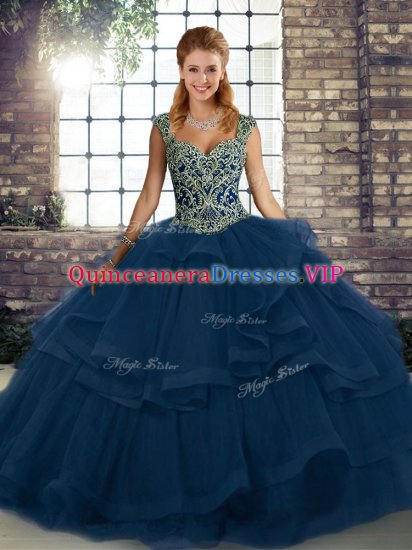 Traditional Beading and Ruffles Quinceanera Gowns Blue Lace Up Sleeveless Floor Length - Click Image to Close