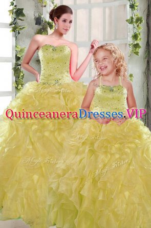 Beautiful Yellow Ball Gowns Beading and Ruffles Quinceanera Gowns Lace Up Organza Sleeveless Floor Length