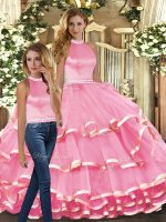 Ideal Floor Length Pink Quinceanera Gown Halter Top Sleeveless Backless(SKU SJQDDT1687009BIZ)