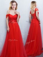 Off the Shoulder Sleeveless Brush Train Lace Up With Train Appliques and Ruching Quinceanera Dama Dress