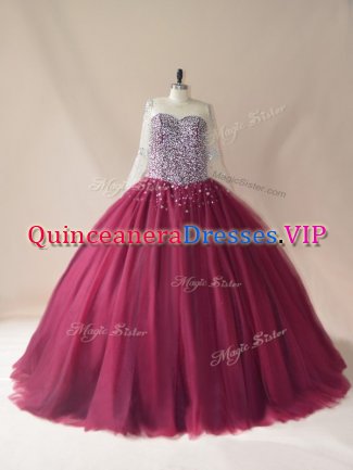 Burgundy Ball Gowns Beading Quinceanera Gown Lace Up Tulle Long Sleeves