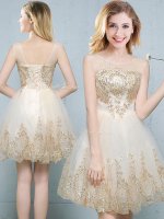 Customized Scoop Sleeveless Mini Length Appliques Lace Up Vestidos de Damas with Champagne