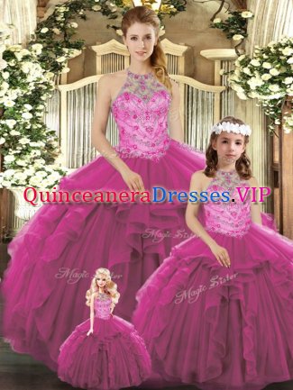 Fuchsia Ball Gowns Tulle Halter Top Sleeveless Beading and Ruffles Floor Length Lace Up Quinceanera Gowns