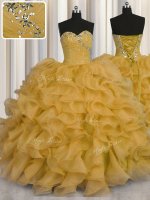 Gold Ball Gowns Sweetheart Sleeveless Organza Floor Length Lace Up Beading and Ruffles 15th Birthday Dress