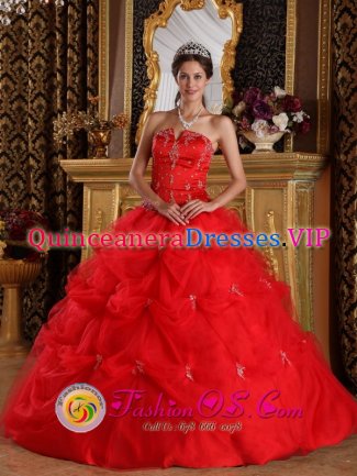 Moca Dominican Republic Red Pick-ups and Appliques Strapless Quinceanera Dress With Tulle Skirt For Sweet 16