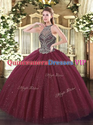 Admirable Burgundy Sweetheart Lace Up Beading Quince Ball Gowns Sleeveless