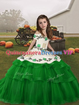 Tulle Sleeveless Floor Length Child Pageant Dress and Embroidery and Ruffled Layers