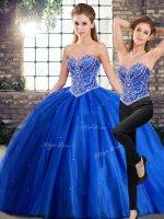 Dazzling Blue Tulle Lace Up Sweetheart Sleeveless Ball Gown Prom Dress Brush Train Beading(SKU SJQDDT2122009BIZ)