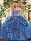 Best Selling Blue Lace Up Quince Ball Gowns Beading and Ruffles Sleeveless Floor Length