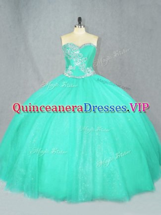 On Sale Turquoise Ball Gowns Sweetheart Sleeveless Tulle Floor Length Lace Up Beading Ball Gown Prom Dress