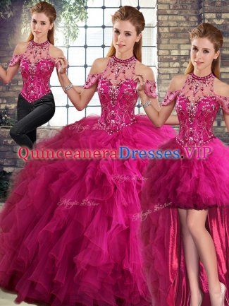 Sleeveless Tulle Floor Length Lace Up Quinceanera Gowns in Fuchsia with Beading and Ruffles