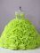 Sweetheart Sleeveless Brush Train Lace Up Quinceanera Dresses Yellow Green Fabric With Rolling Flowers