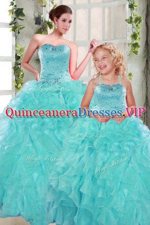 Turquoise Lace Up Sweetheart Beading and Ruffles Sweet 16 Quinceanera Dress Organza Sleeveless