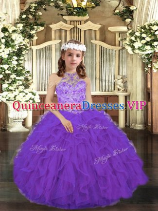 Trendy Purple Tulle Lace Up Child Pageant Dress Sleeveless Floor Length Beading and Ruffles