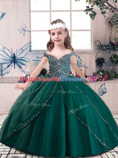 Dark Green Sleeveless Beading Floor Length Little Girl Pageant Gowns - Click Image to Close