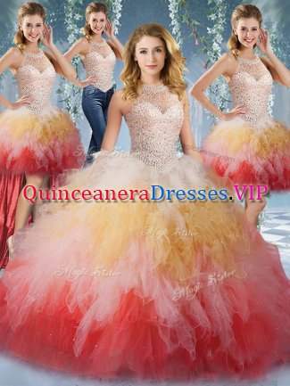 Luxurious Four Piece Halter Top Sleeveless Tulle Floor Length Lace Up Sweet 16 Dresses in Multi-color with Beading and Ruffles