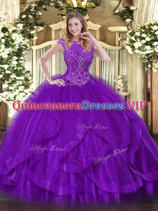 Tulle Scoop Sleeveless Zipper Beading and Ruffles 15 Quinceanera Dress in Purple